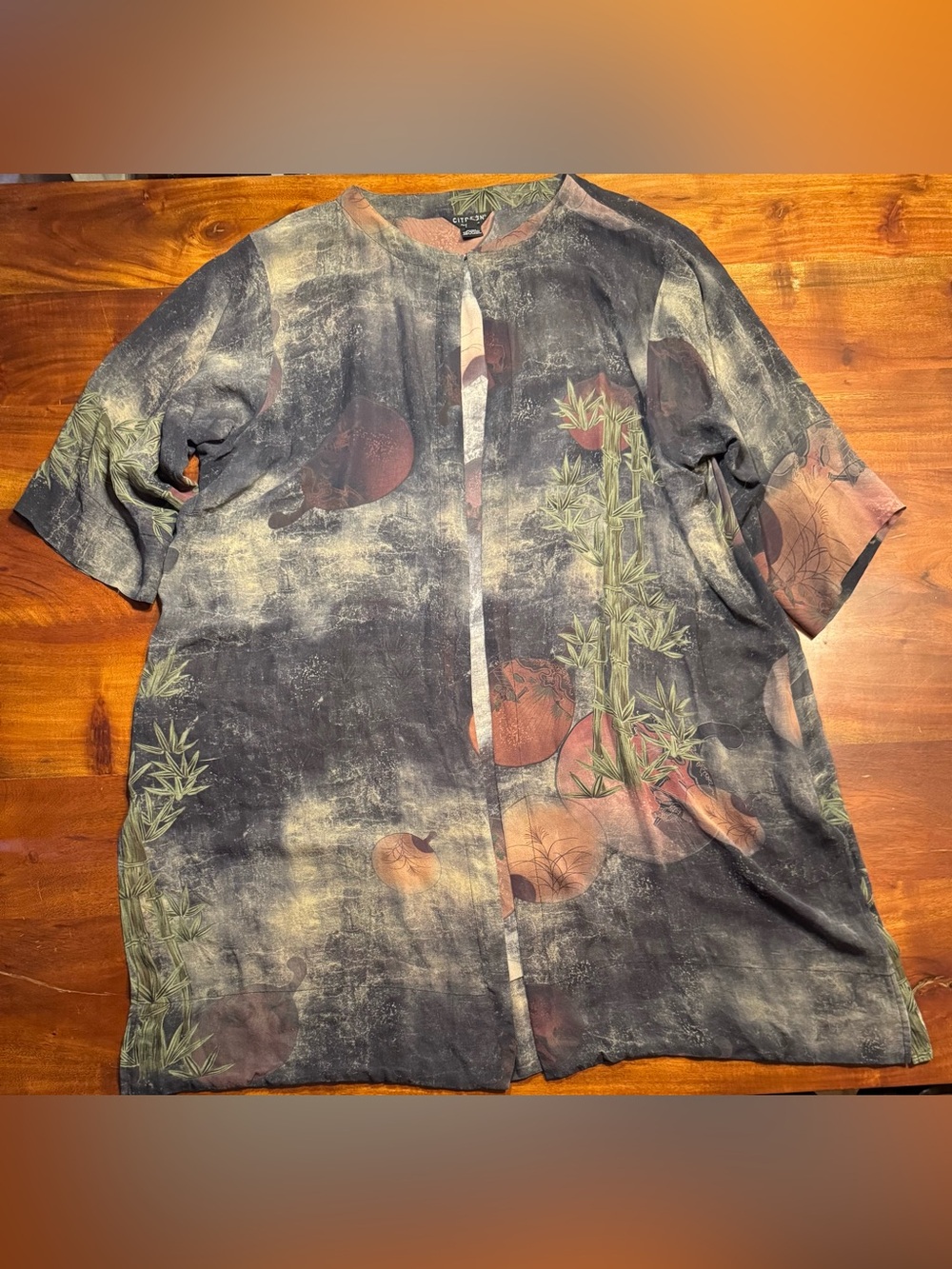 Citron Santa Monica Open Front Silk Chiffon Artsy Print Kimono Blouse Plus Sz 3X